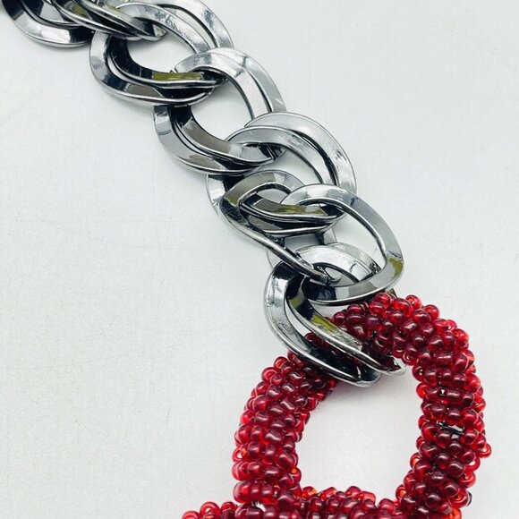 TALBOTS Red Beaded Chunky Chain Necklace Gunmetal Statement Classic Career LARP - Picture 4 of 8